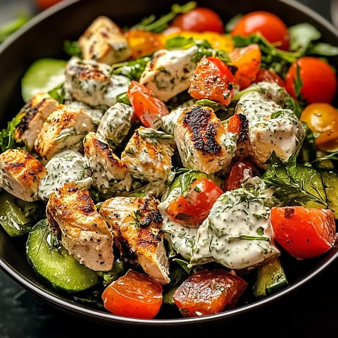 A bowl of food with chicken, tomatoes, cucumbers, and lettuce.