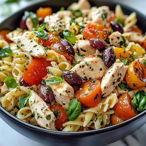 A bowl of pasta with chicken, tomatoes, and olives.