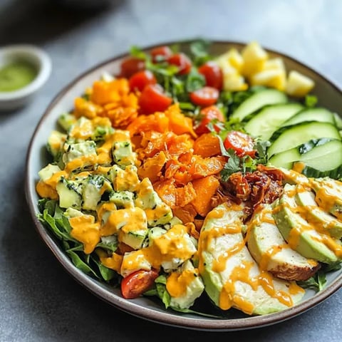 A bowl of salad with various vegetables and dressing.