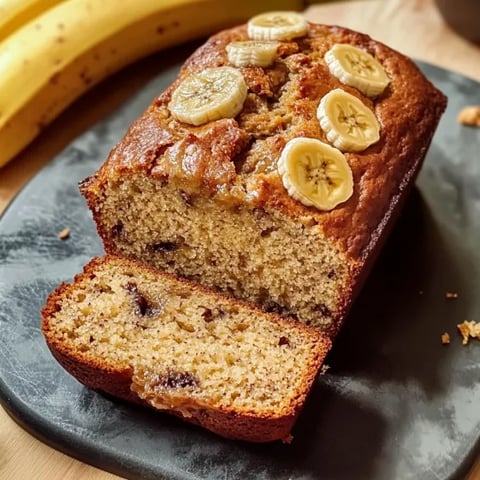 A slice of banana bread with banana slices on top.