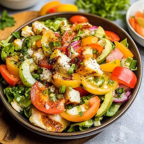 A bowl of salad with tomatoes, lettuce, and chicken.
