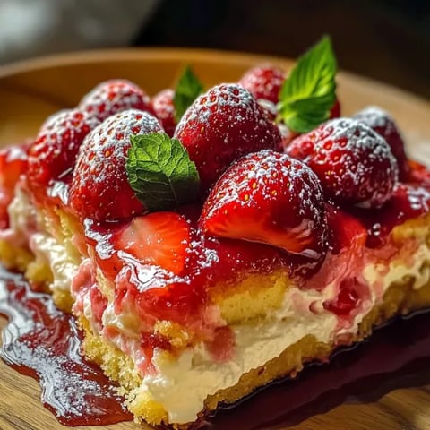 A slice of cake with strawberries on top.