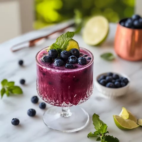 A glass of blueberry juice with a lemon wedge.