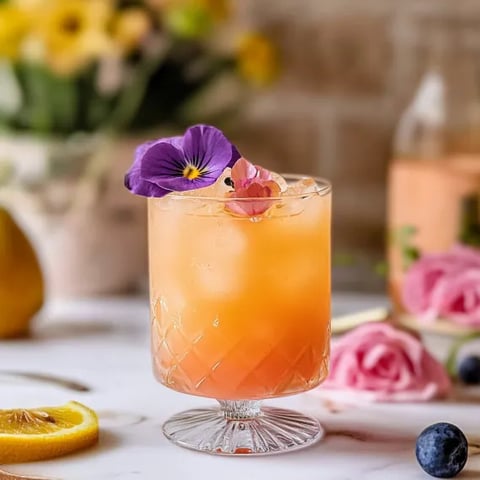 A glass of orange juice with a flower in it.