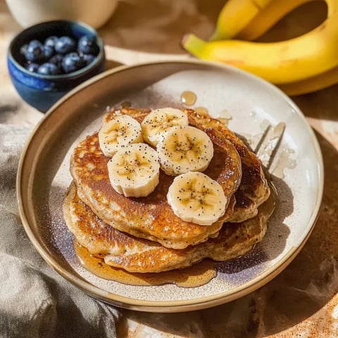 A plate of pancakes with bananas on top.