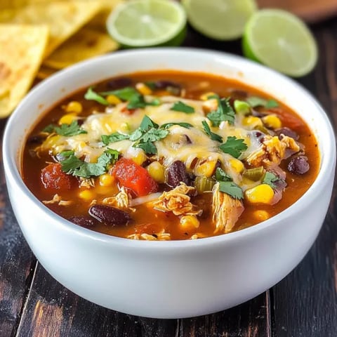 A bowl of soup with chicken, corn, and beans.