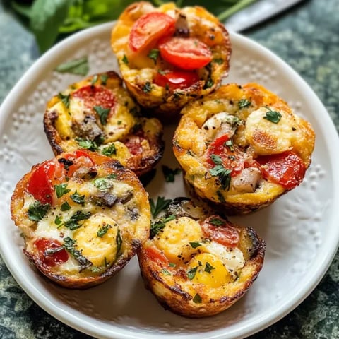 A plate of four mini quiches with tomatoes and cheese.