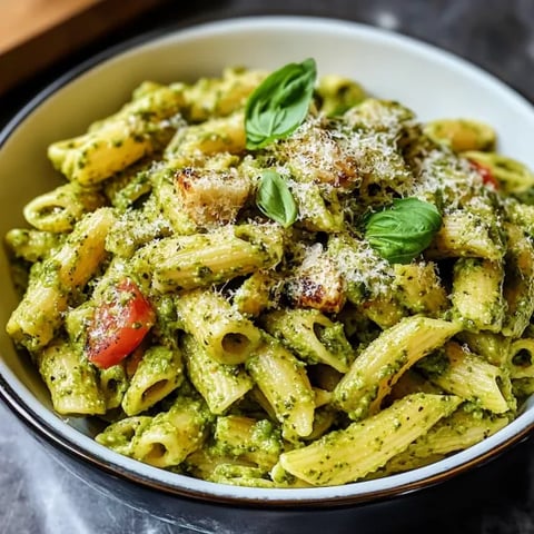 A bowl of pasta with tomatoes and basil.