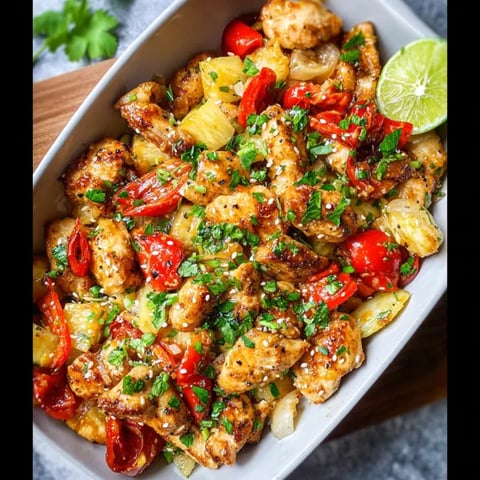 A bowl of food with chicken, tomatoes, and onions.