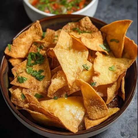A bowl of chips with a side of salsa.