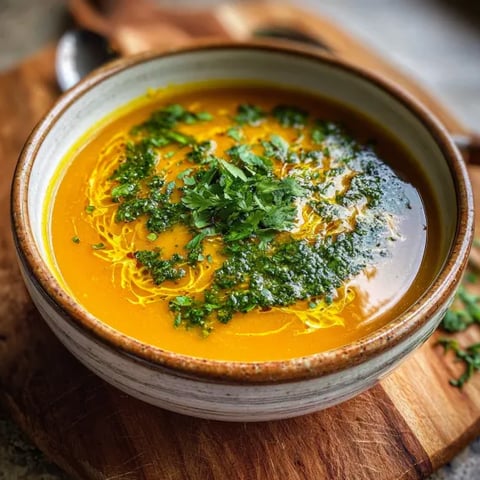 A bowl of soup with a spoon in it.